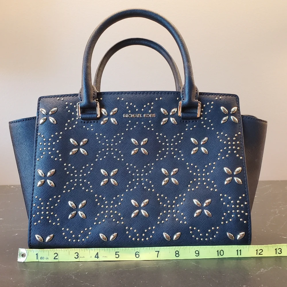 Michael Kors Selma Satchel Handbag with Gold Hardware.